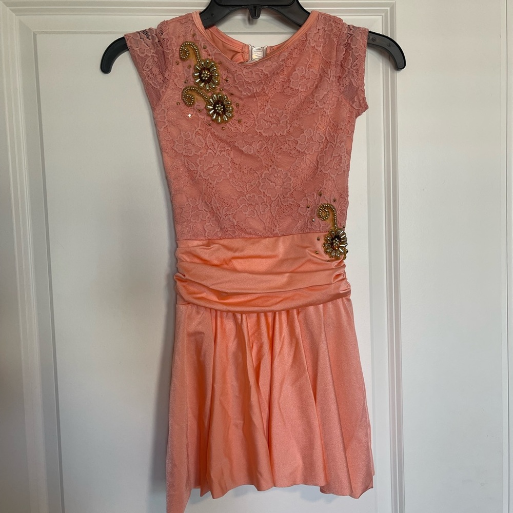 Curtain Call costume Size Child Medium peach added appliqués and rhinestones